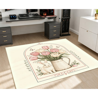 Tapis lavable à la machine de style rétro avec envers antidérapant, motif floral rose et tapis de lapin, décoration intérieure confortable pour le salon, la chambre à coucher, le vestibule, la porte d'entrée, la cuisine, le balcon et l'appartement