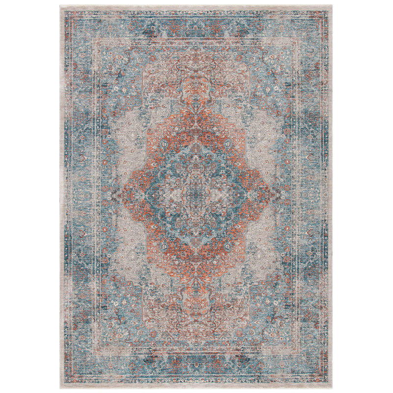 Tapis oriental bleu / rouille, Rectangle 9 pi 8 po x 13 pi
