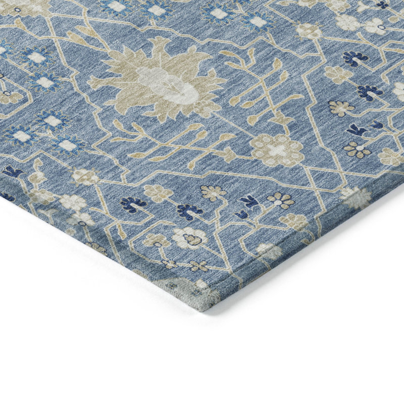 Blue and Beige Flat Woven Rectangular Synthetic Rug