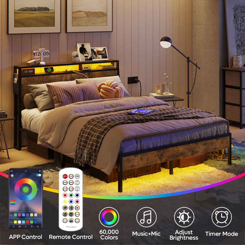 Annice Bed Frame with LED Light and Charging Station,Metal Platform with Power Outlets,Noiseless,No Spring Box Needed, Full