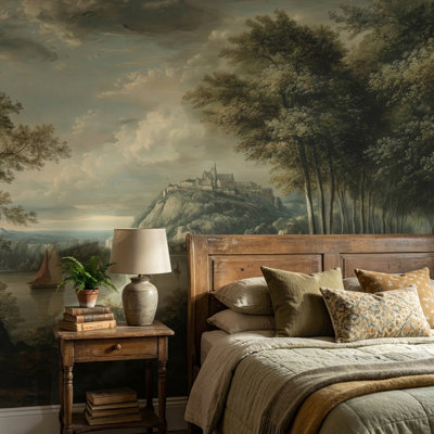 Papier peint paysage château voiliers fresque murale