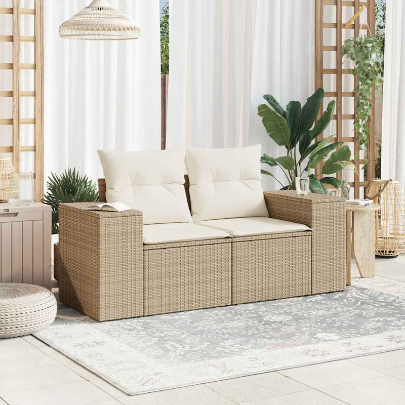  Grand canapé de jardin modulaire en rotin de polyester beige, Beige, Blanc