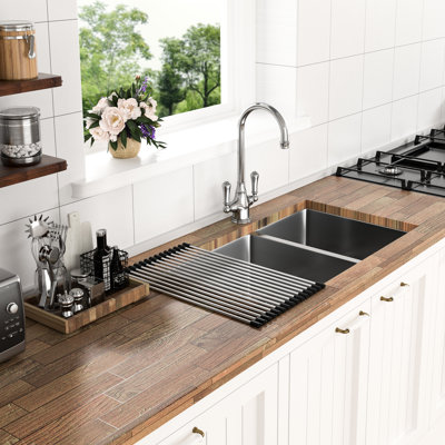 Undermount Double Bowl Kitchen Sink 33X19x9 Inch, 18 Gauge T304 Stainless Steel, Suitable For Dirty Jobs And Fruit Washing, Comes With Roll - Up Rack Installation Guide Steel Inch  60/40  In Brushed