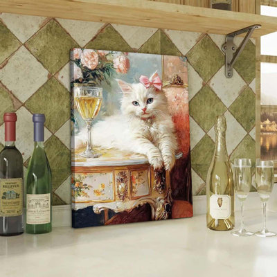 Elegant Vintage Cat Canvas Wall Art Whimsical White Cat Poster Print Funny Retro Bar Cart Picture Eclectic Animal Paintings Wall Decor For Living Room Bedroom Kitchen Office Framed