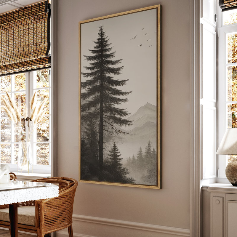 Monochromes de forêt à feuilles persistantes avec oiseaux - grande reproduction d'art sur toile encadrée, Naturel