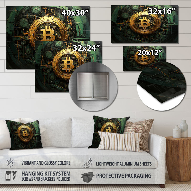 Or et vert, Crypto monnaie de Bitcoin - mode, art mural en métal, H 24 po x l 32 po x P 1 po
