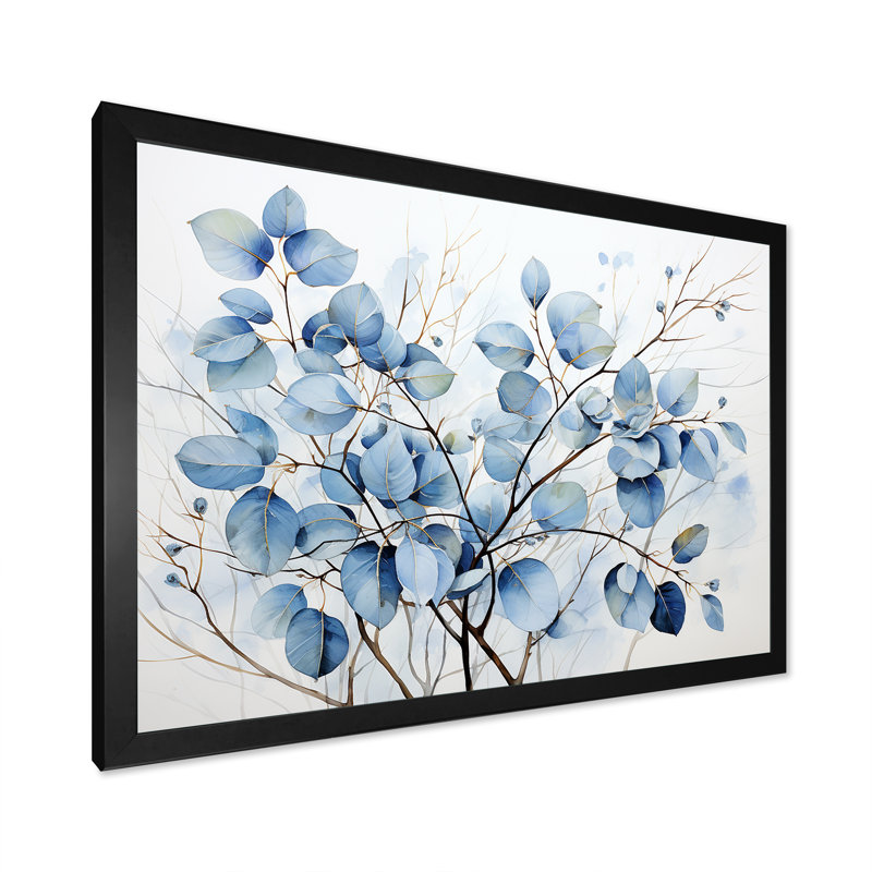 Art mural bleu et gris avec feuilles sur une branche III - feuilles, Cadre simple noir, H 34 po x l 44 po x P 1,5 po