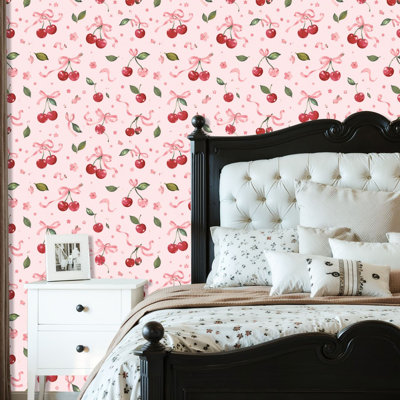 Peel and Stick Wallpaper Contact Paper cherry ribbons bow coquette girly print greeting banners web Self Adhesive and Removable 24in x 118in(60x300cm)
