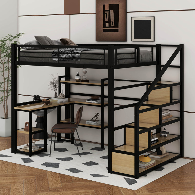 Lit mezzanine double en métal avec escalier, bureau intégré et tablettes