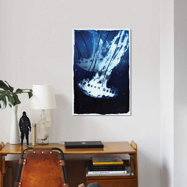 « indigo jellyfish », impression sur toile, H 18 po x l 12 po x P 1,5 po, Pas de tapis, Toile tendue