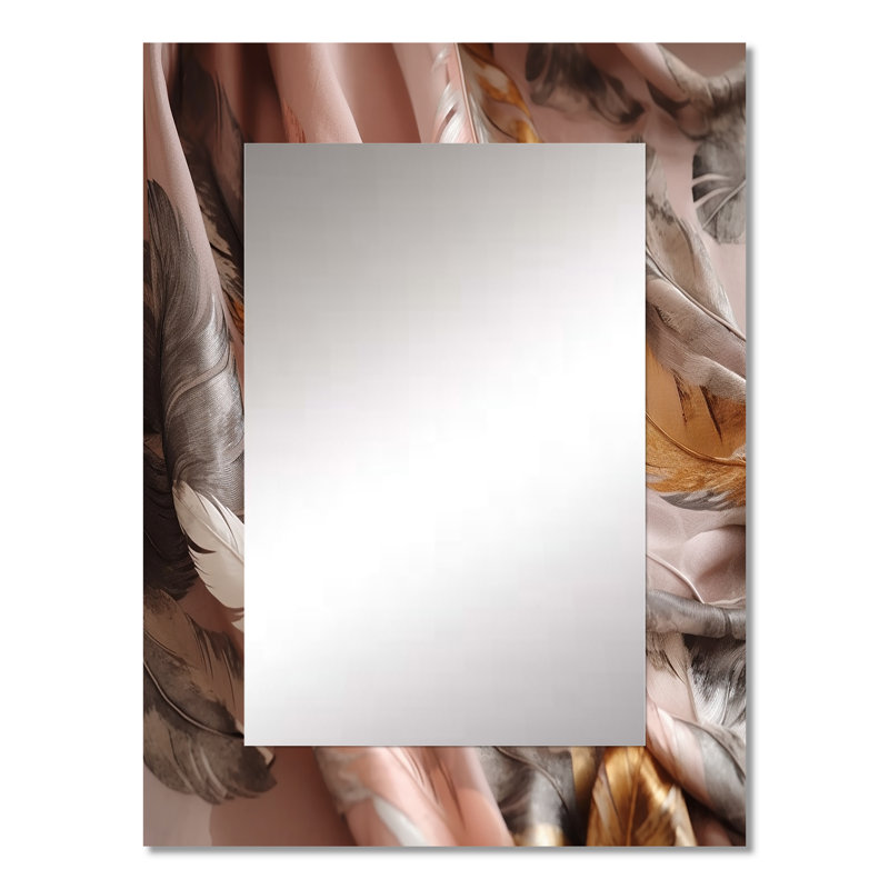 Gold Glamorous Feathers Of Boho Fantasy II - Glam Feather Wall Mirror, Modern Decorative Mirror, Printed Metal Art, 32" x 24"