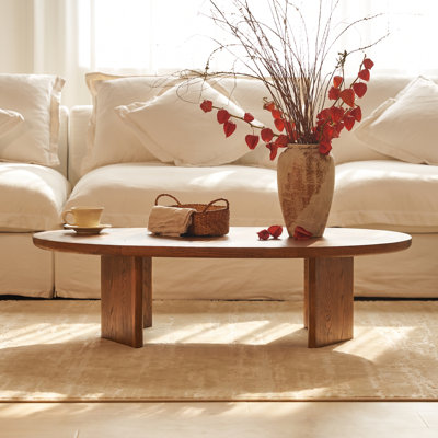 Arden 47" Brown Oak Oval Coffee Table with Panel Legs, Modern Low Profile Living Room Table