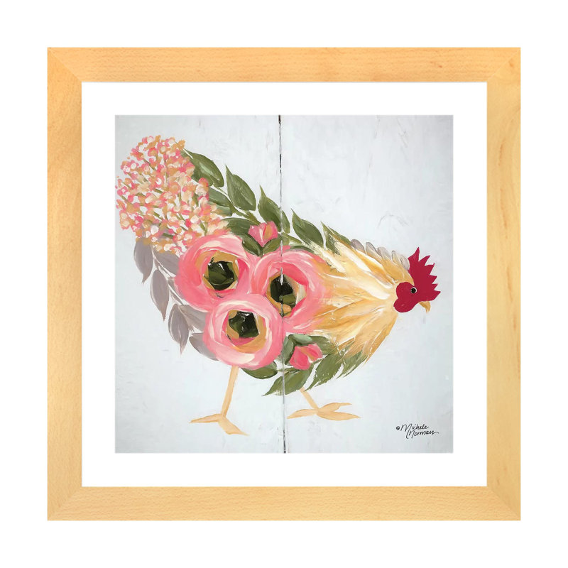 «Floral Hen on White» par Michele Norman - impression d'art graphique, Blanc, H 16 po x l 16 po x p 1 po