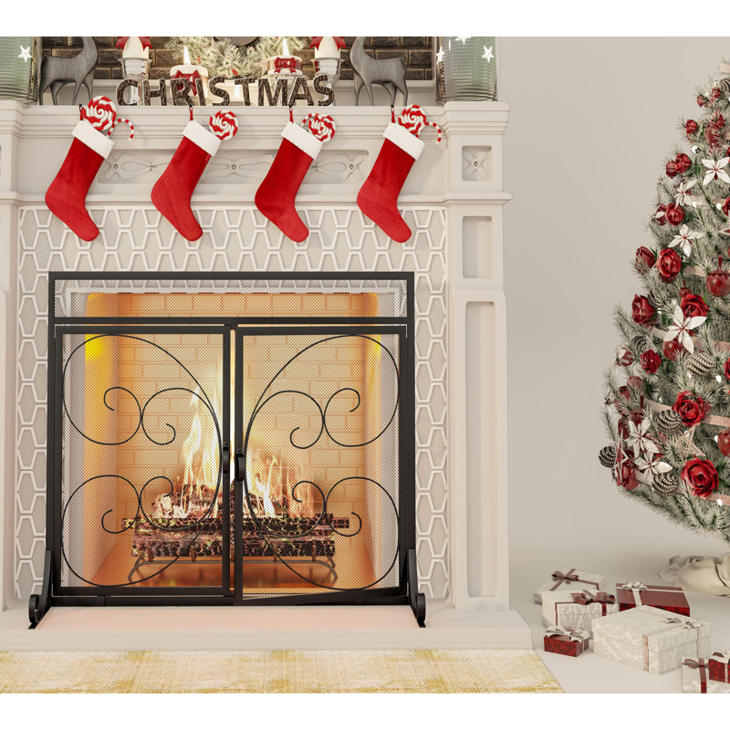 Flat Fireplace Screen With Hinged Doors Handcrafted Wrought Iron Classical Scroll Durable Metal Mesh Decorative Free Standing Fireplace Spark Guard- Black