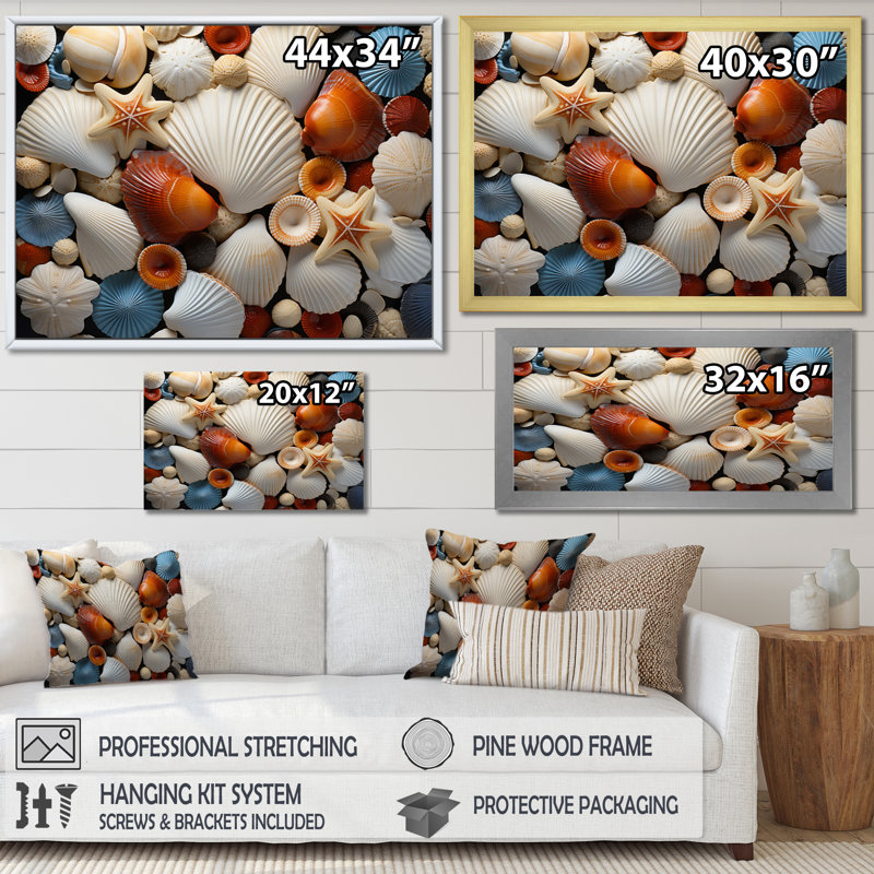Photo de plage coquillage symphonie 8e - décoration murale nautique et plage, H 16 po x l 32 po x P 1 po, Cadre simple blanc