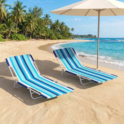 Set Of 2 5 Position Lay Flat Portable Beach Recliners With Carry Strap And Sturdy Metal Frame For Beach Poolside Camping Use
