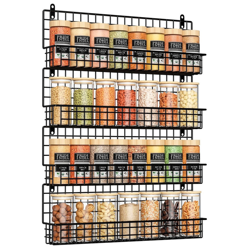 Spice Rack Organizer Wall Mounted 4-Tier Stackable Black Iron Wire Hanging Spice Shelf Storage Racks,Great for Kitchen and Pantry Storing Spices, Household Items,Bathroom and More