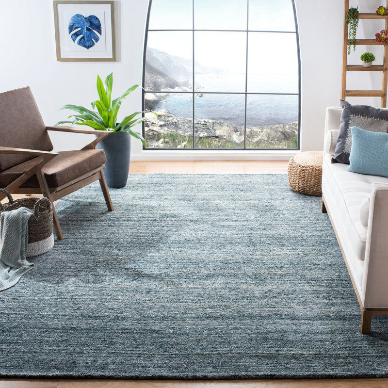 Tapis bleu marine en laine / coton touffeté à la main Moniz, Rectangle 8 pi x 10 pi