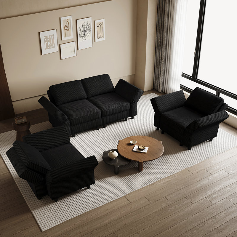 Ensemble de salon modulaire rembourré Elda, Velours côtelé noir