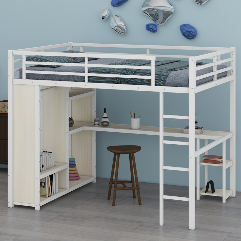 Metal Loft Bed Frame With Built-In Wardrobe, Desk And Storage Shelves, White/White Woodgrain