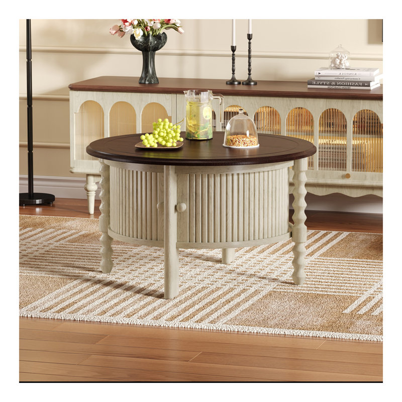 Table basse ronde 30 "avec rangement et porte coulissante Vintage, Naturel, Noir