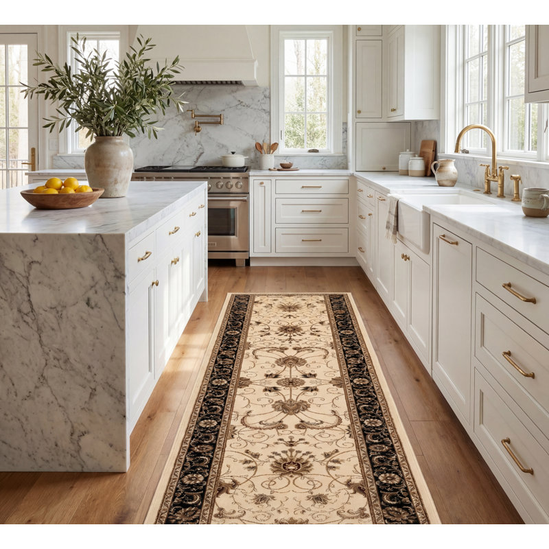 Rug Branch Yasmin 2' x 7' (2'3" x 7') Beige/Black Persian Medallion Indoor Runner Rug, Traditional, Low Pile, Stain-Resistant Hallway Carpet - Entryway, Mudroom, Bedroom, and Kitchen