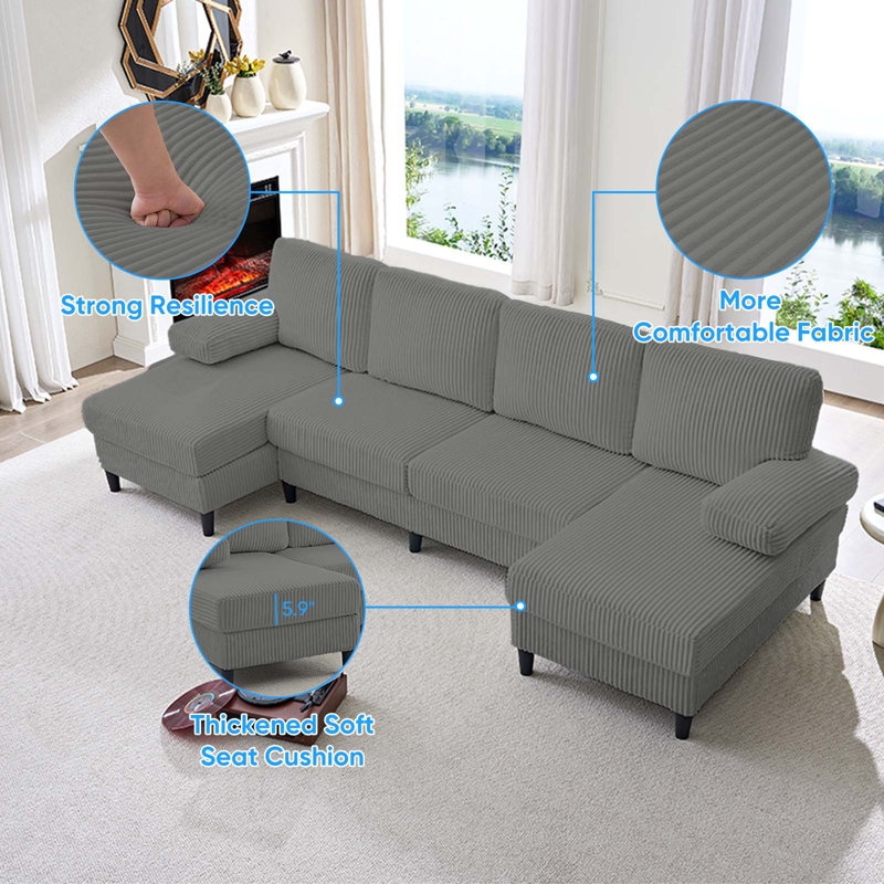 Canapé modulaire moelleux de 110,2 po avec coussins en mousse haute densité - Tissu respirant et doux pour la peau, base en bois massif et accoudoirs larges de 23,6 po