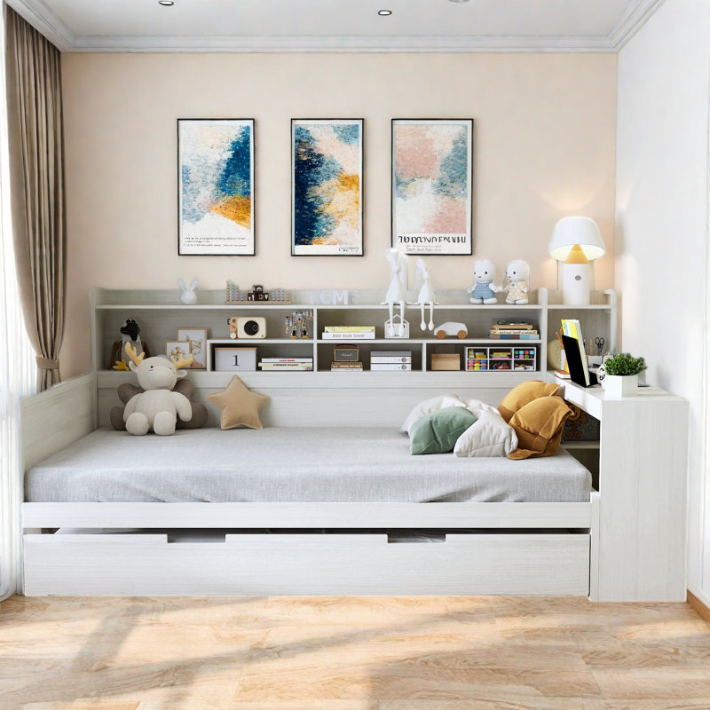 Multifunctional Wooden Daybed With Storage Shelves, Study Desk And Trundle, Antique White, Full