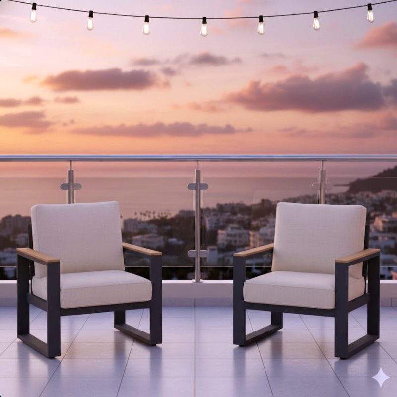 Set Of 2 26.6" All-Weather Aluminum Patio Armchairs With Thick Cushions, Beige