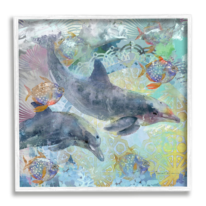 Dolphins and Fish Aquatic Fractals - Cadre flottant, impression sur bois, L 24 po x H 24 po x P 1,5 po