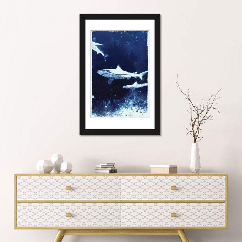 " Indigo Sharks " by 33 Broken Bones, Black Framed Fine Art Paper, White, 32" H x 24" W x 1" D