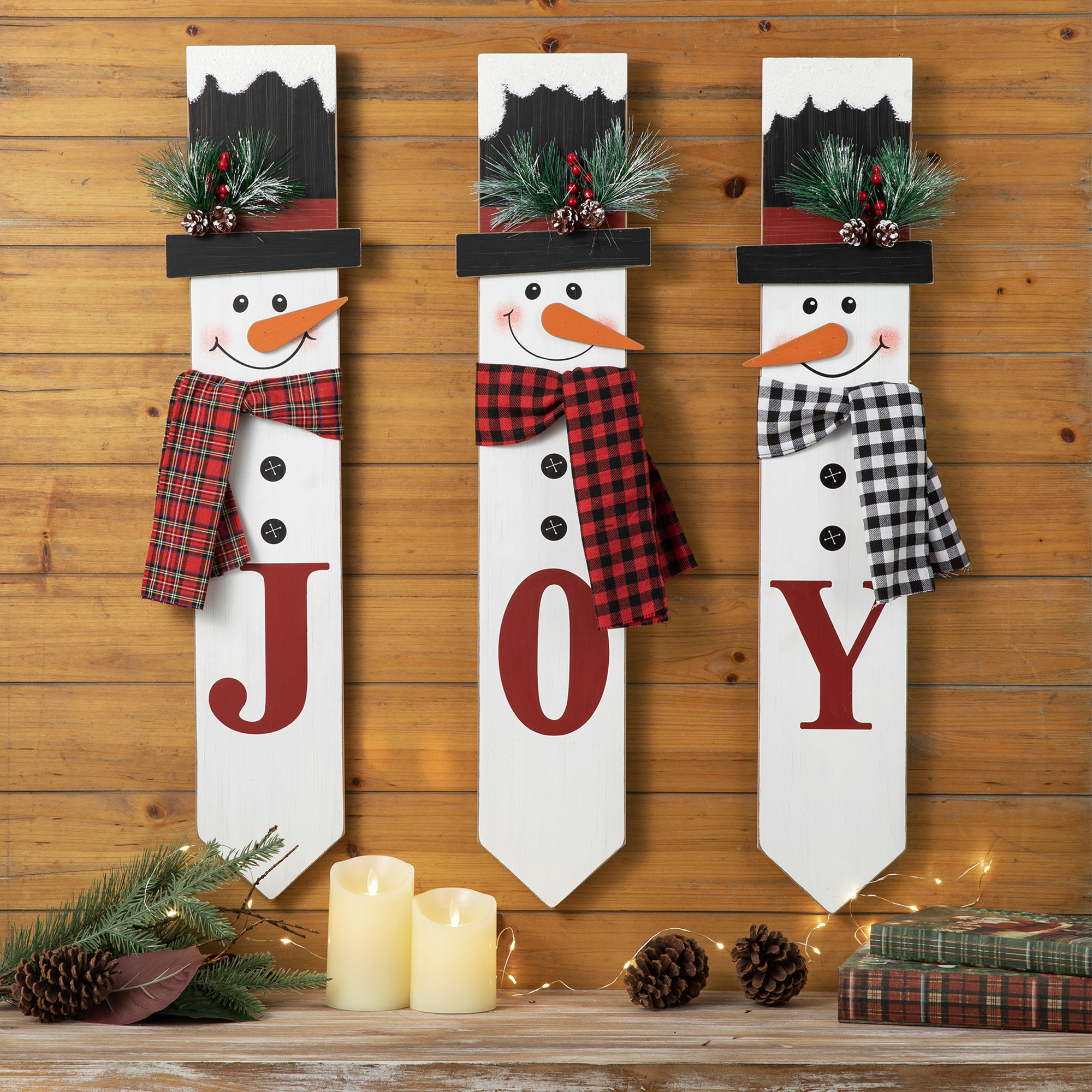 The Holiday Aisle® Kaajal 3 Piece Wooden & Metal Christmas JOY Snowman ...