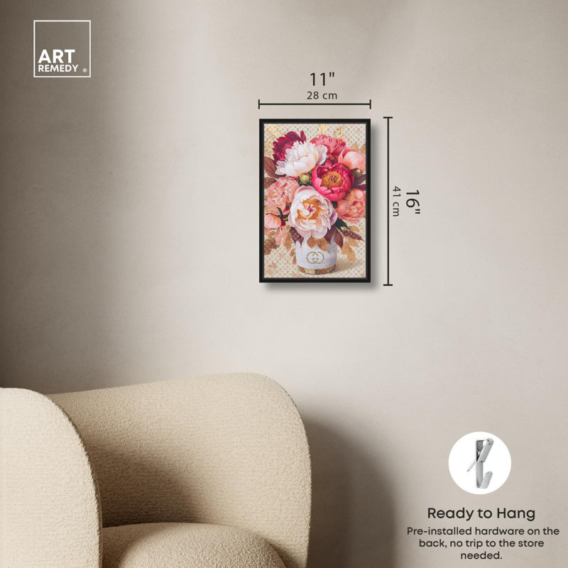 Art floral sur toile, belles pivoines, Cadre noir, H 16 po x l 11 po