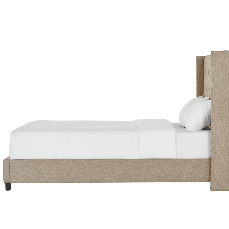 Lit tapissier capitonné standard à profil bas Achenbach, Reine, Lin beige