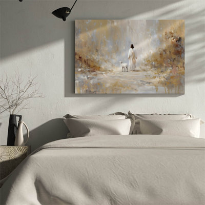 Jésus marchant avec un agneau - Reproduction d'art religieux chrétien sur toile tendue sur châssis, 91 cm (H) x 61 cm (L), prête à être accrochée pour le salon, la chambre ou un coin prière.
