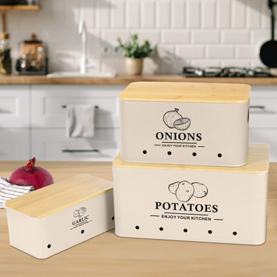 Kitchen Vegetable Storage Set Of 3, Metal Onion Garlic Potato Storage Set, Kitchen Canisters Vegetable Keeper Containers With Aerating Holes And Wooden Lid, Beige