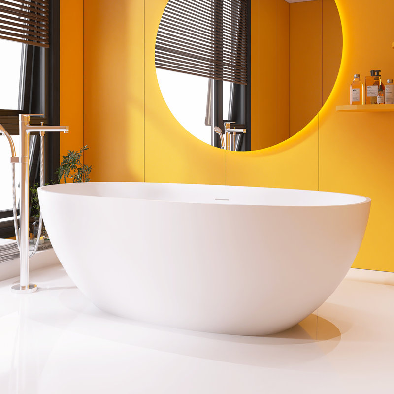 65" L X 29.5 " W Solid Surface Freestanding Soaking Bathtub With Overflow And Pop-Up Drain