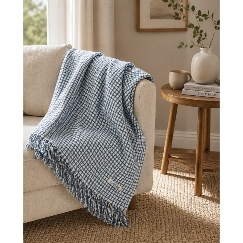 Small Check Pattern Throw, 67" L x 50" W, Cream/Blue Small Check Pattern