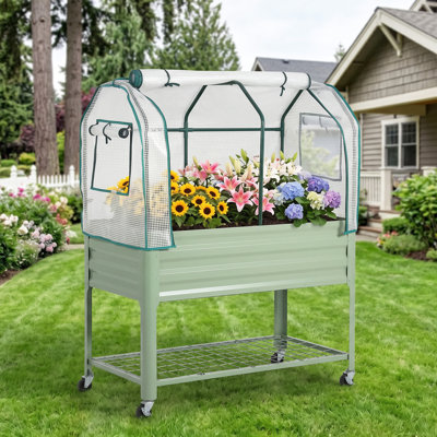Galvanized Raised Garden Bed w/ PE Greenhouse Cover, 30" Elevated Planter, Green