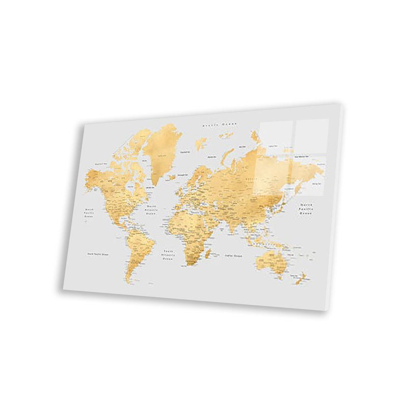 Carte détaillée du monde en or et gris, impression Everly sur verre acrylique, H 16 po x l 24 po x P 0,25 po