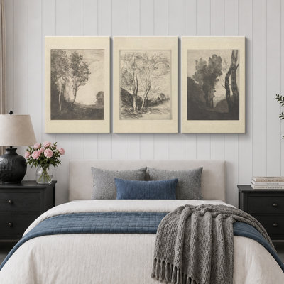 Duotone Vintage Trees Forest Sketch Rustic Landscape Framed Canvas 3 Pieces Painting Print Wall Art