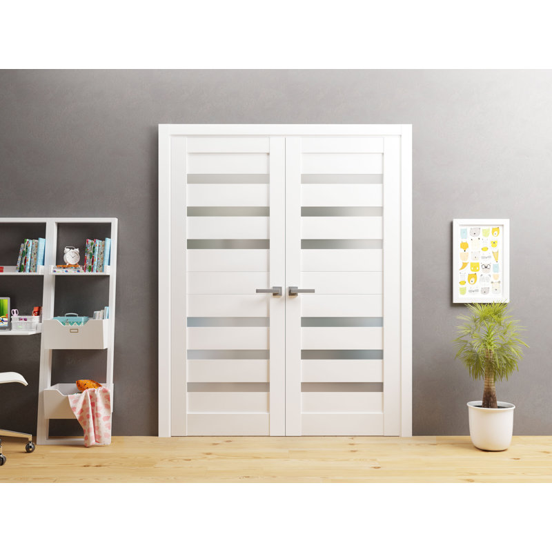 Portes françaises en verre givré massif | Quadro 4266 | Garnitures de cadre en bois massif | Portes robustes de chambre à coucher pour garde-robe