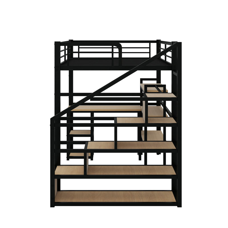Lit mezzanine double en métal avec escalier, bureau et tablettes