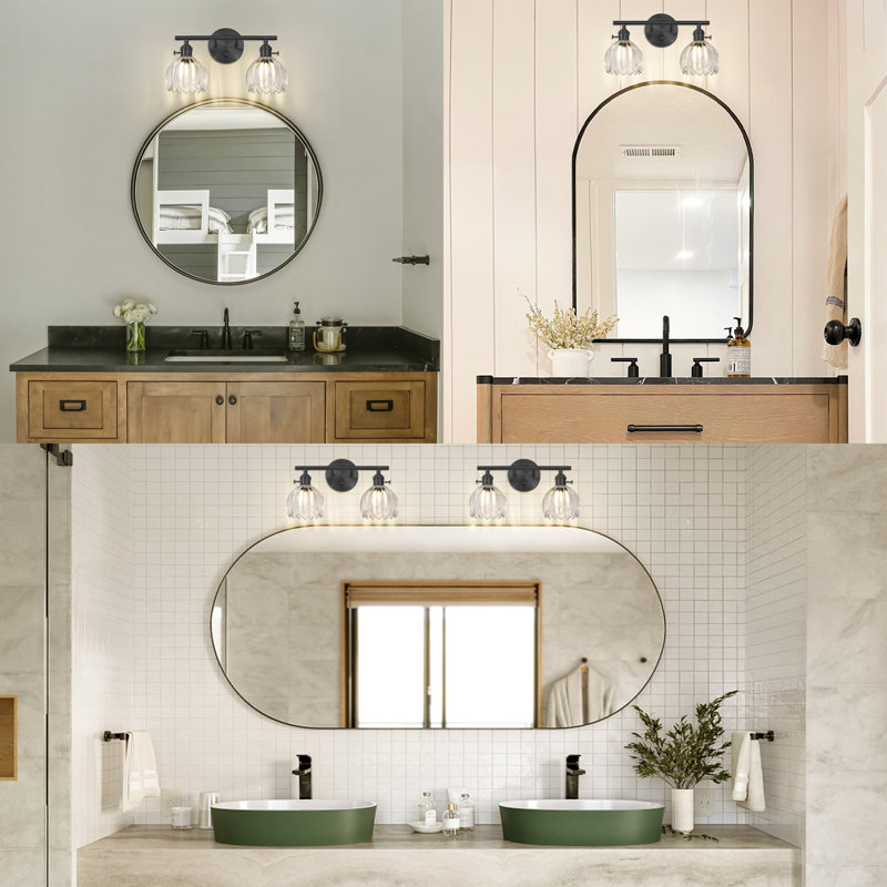3 - Light Dimmable Bathroom Vanity Light With Tulip-shaped Glass Shade, Matte Black, 9.17" H x 14.9" W x 6.8" D, 2 Lights