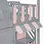 Lit superposé double au dessus d'un lit double avec escalier de rangement et tablettes, structure de lit superposé en bois pour enfants avec maisonnette, toit et porte, marches de rangement et tablettes ouvertes, gris et rose-1328343692