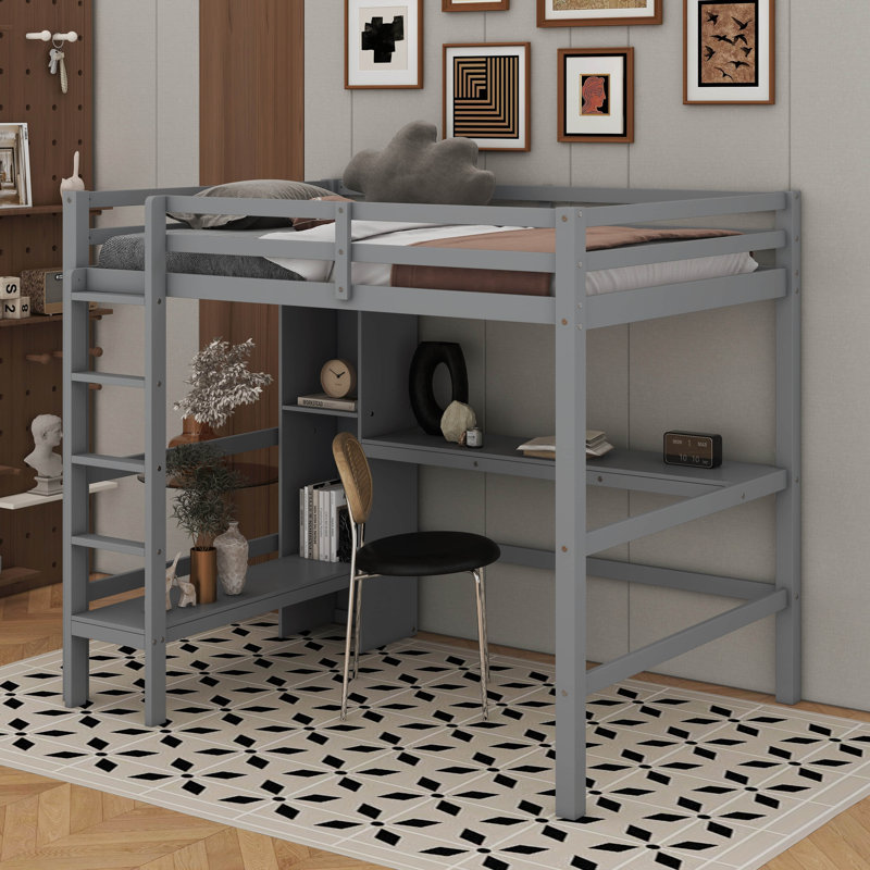 Lit mezzanine double avec tablettes multifonctionnelles et bureau sous le lit, Gris
