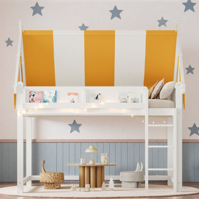 Loft Bed With Canopy, Led Lights And Book Shelf