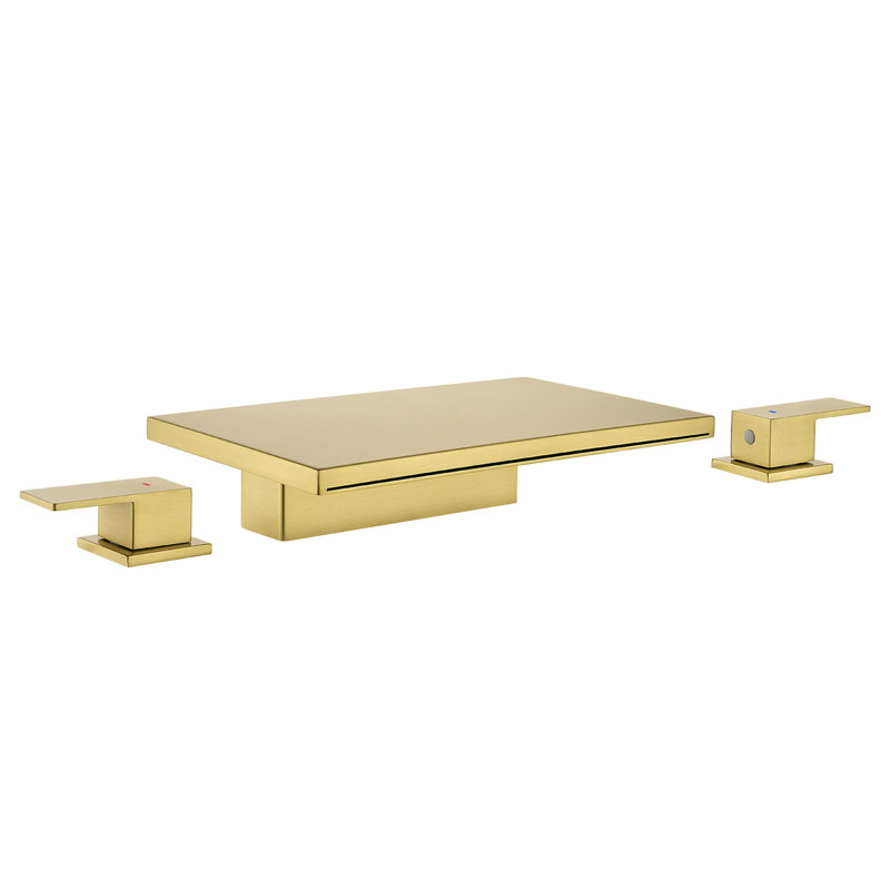 3 Hole Deck Mount Tub Faucet With Valve Waterfall Bathtub Faucet Modern Brass Two Handle Tub Fillers, Brushed Gold