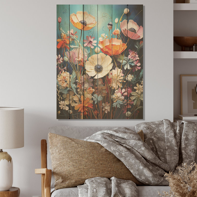 «Whimsical Meadows Flowers Collage», art mural en bois campagne sur bois de pin naturel, H 32 po x l 24 po