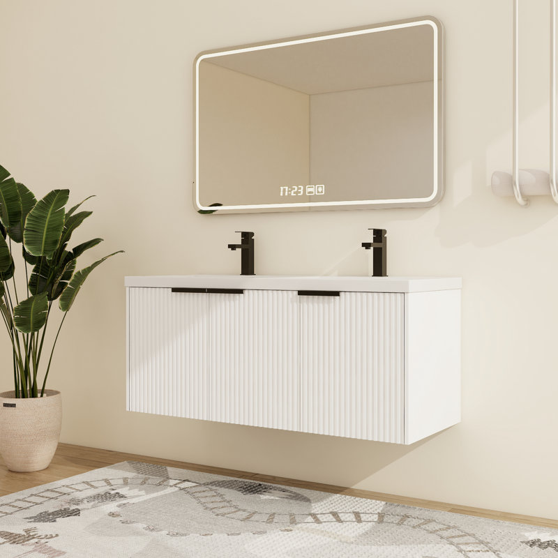 Farnor 48'' Wall-Mounted Double Bathroom Vanity With Resin Vanity Top, White, 48"
